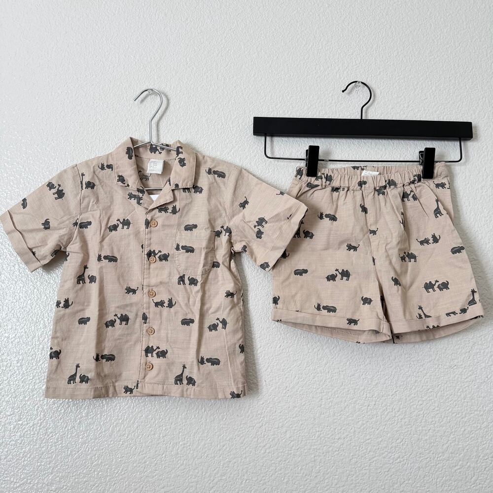 H&M Toddler Boy Tan Safari Desert Animal Print Button Up Shirt Shorts Set